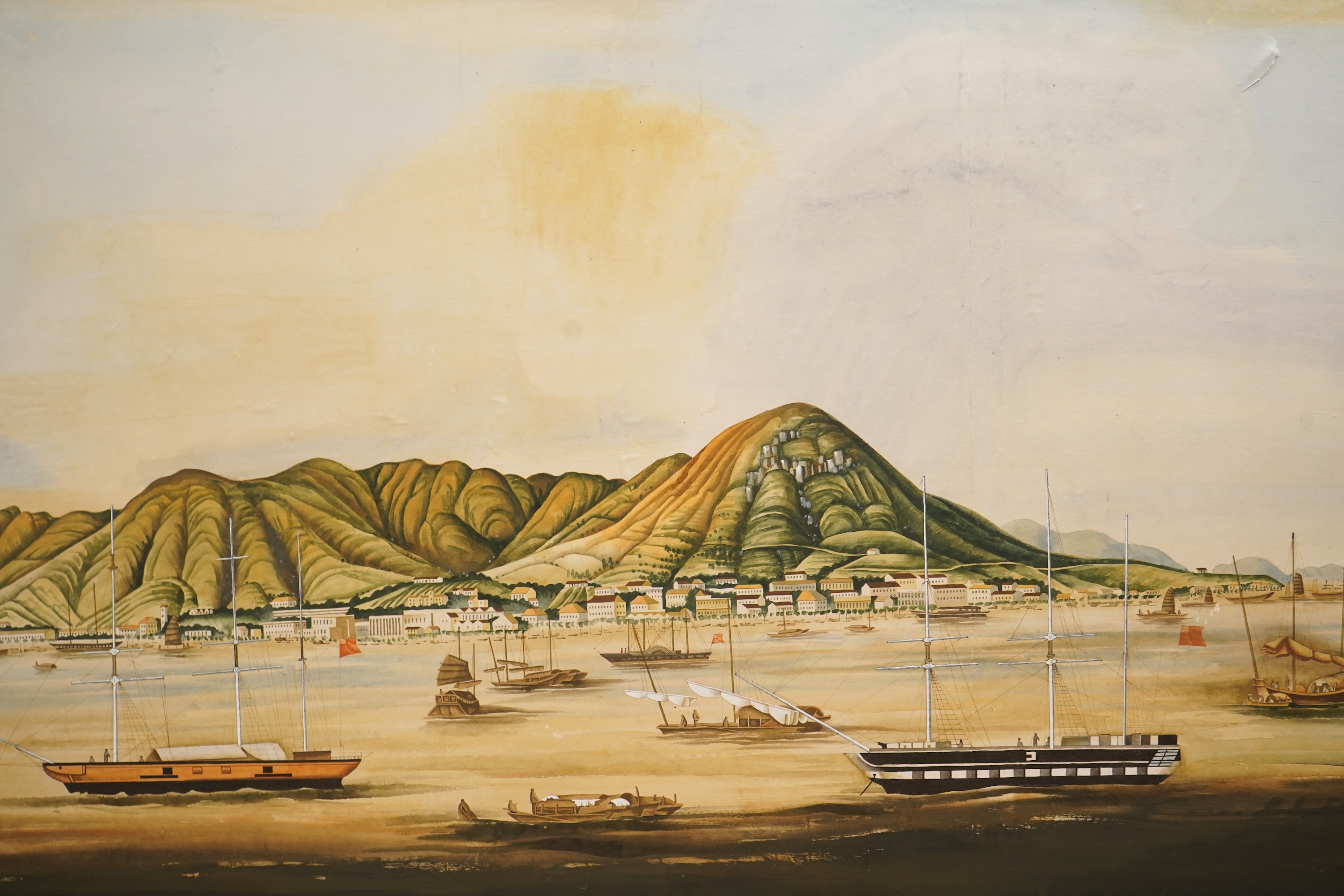 Chinese School, Harbour view with boats and junks, unsigned, gouache, mounted, unframed, 73 x 135cm